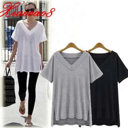40-150KG Women Ice Silk Short Sleeve Oversized t-shirt Femme Loose V Neck Solid Tops 2021 New Fashion Womens t-shirts Clothing