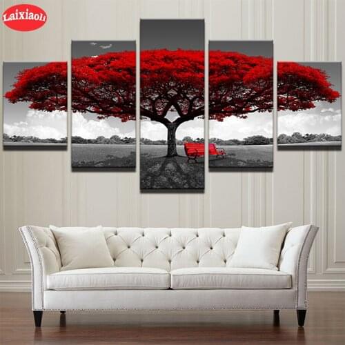 Diamond painting Modern art, red tree, bench pictures for embroidery round diamond mosaic paintings wall stickers decoration