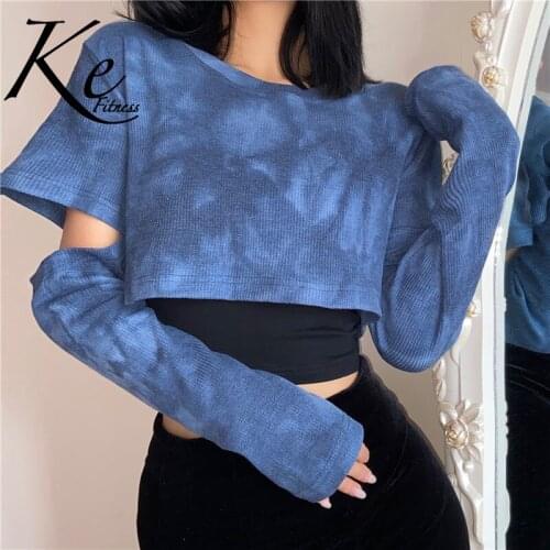 KE Autumn and winter new tie-dye two-piece blouse womens cut-off sleeves short hip-hop jazz cool style bottoming shirt