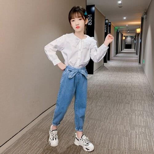 Kids 4-16 years two piece suit little girls fashion spring/autumn flower neck white blouse elastic band denim pant clothes teens