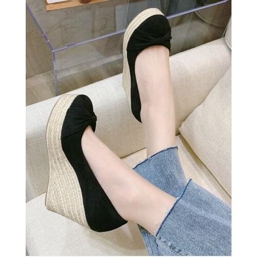 EAGSITY Suede women shoes high heel wedges platform round toe slip on Espadrilles shoes pumps comfortable increasing ladies shoe