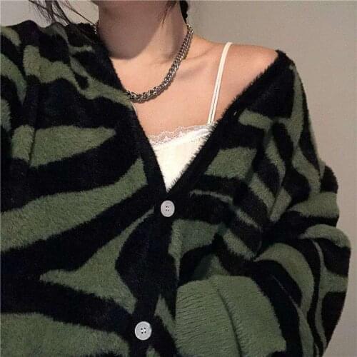Korean fashion Oversized Zebra print cardigan Sweater Autumn Winter Casual Loose Female Knitted V-neck Jumper Women Cardigan