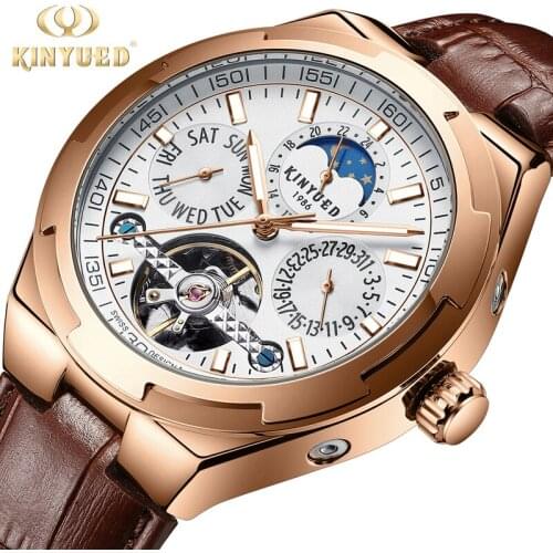 KINYUED New Multifunctional Mens Watch Business Hollow Flywheel Star Calendar Luminous Mechanical Relogio Masculino J065