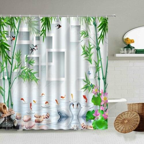 Chinese Three-dimensional Box Green Bamboo Zen Shower Curtain Swan Koi Bathroom Blackout Waterproof Privacy Screen With Hook Set