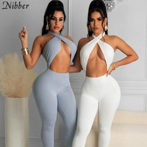 Nibber Solid Sleeveless Halter Jumpsuit Women Classic Sexy Cleavage Backless Elastic Overall Feamle Skinny One Piece Streetwear