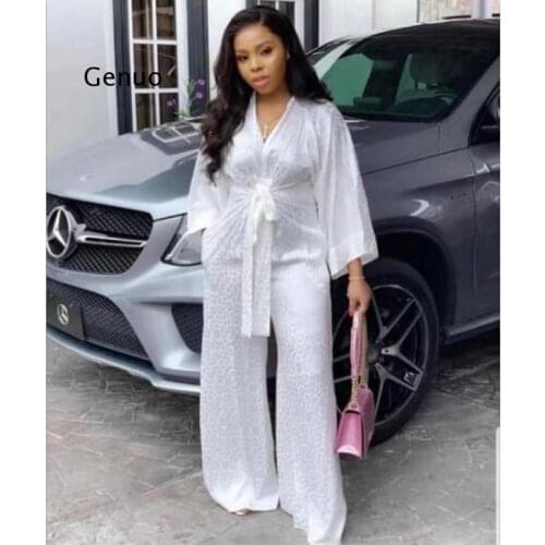 Casual White Wide Leg Pants Jumpsuit Rompers Women Spring V-Neck High Waist Belt Jumpsuit Bodysuit Overalls Femme Streetwear