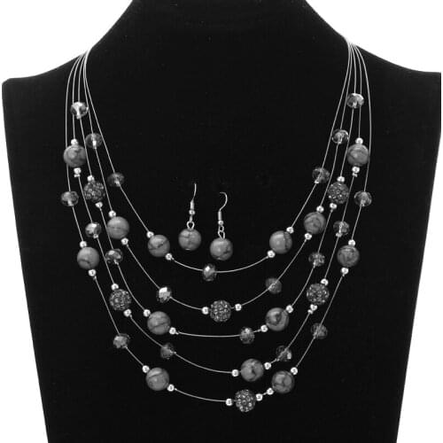 Beads Jewelry Sets for Women Vintage Grey Statement Choker Necklace Ball Earrings Multi-layer Chain Jewelry Set