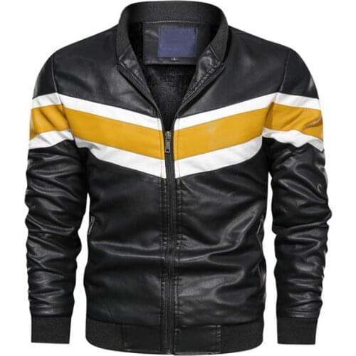 New Trend Men Leather Jacket Fashion Patchwork Baseball Leather Jacket Men Fleece Motorcycle Leather Jacket Coat