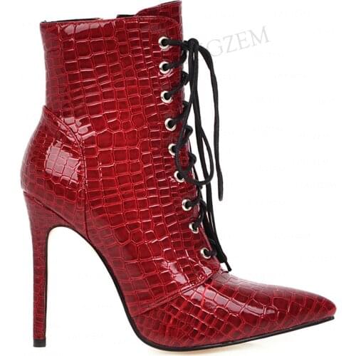 LAIGZEM Women Ankle Bootis Side Zip Up Stiletto High Heels Booties Spring Party Club Crossdress Shoes Woman Big Size 42 44 47 48