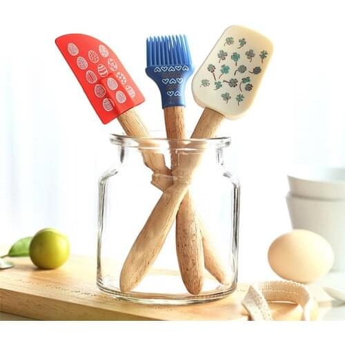 3PCS Silicone Spatula Set Creative Professional Silicone Non-stick Spoonula Wooden Handle with Brush Cooking Tools Set for Home
