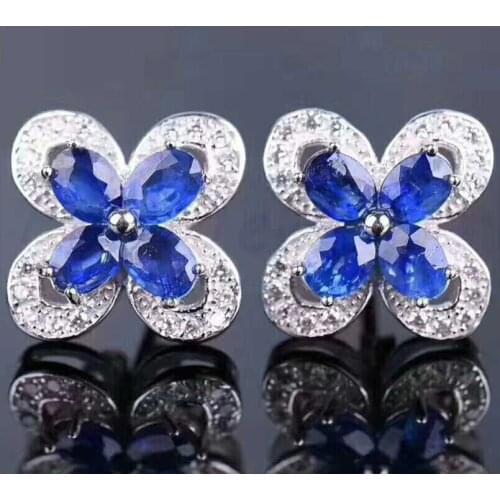 Sapphire stud earring Free shipping Natural real sapphire 925 sterling silver 0.35ct*8pcs gemstone Flower earrings #YB18091203