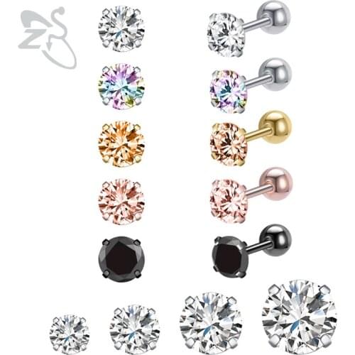 ZS 5pcs/set Stainless Steel 20g Stud Earrings for Women Rose gold Round Crystal Ear Studs Tragus Conch Helix Piercing Carilage