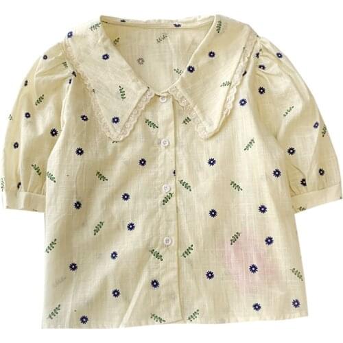 Sweet Puff Sleeve Japanese Retro Doll Collar Summer Slim Short Shirt