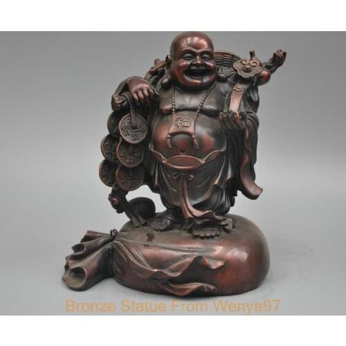 SS 10'' China Happy Maitreya Laughing Buddha Stand On Money Bag Bronze Statue