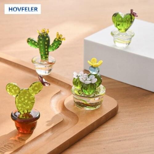 Handmade Glass Cactus Figurines Ornaments Desktop Craft Adornment Creative Colorful Cute Miniature Plant For Home Decor