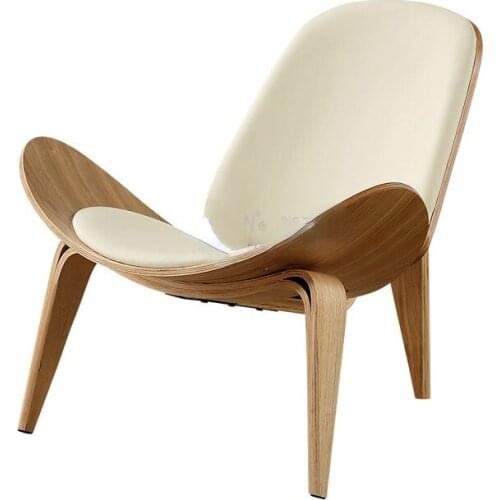 A Solid Wood Three-Legged Shell Chair Ash Plywood Black Faux Leather Living Room Furniture Modern Shell Chair Leisure Chair