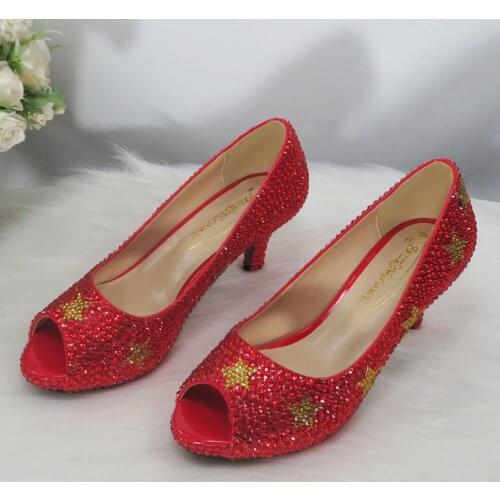 BaoYaFang Red Crystal Bridal Wedding Shoes Women Open Toe High Heel Pumps Fashion Shoes Woman Shallow Fish Toe Thin Heel Shoes