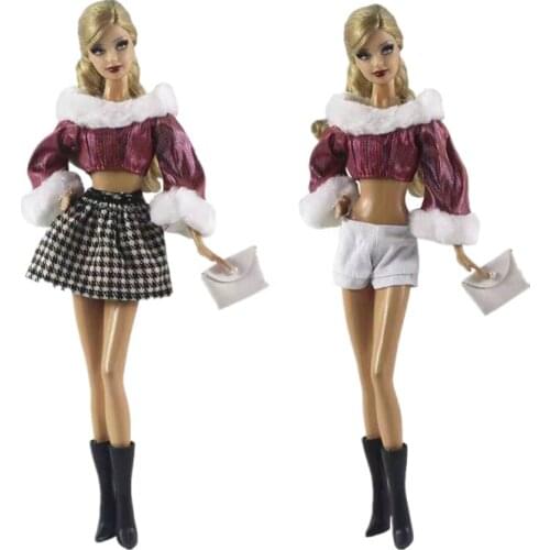 Wine Short Shirt Tops Shorts Skirt Handbag for Barbie Doll Clothes Set Fashion Winter Outfits 1/6 BJD Dolls Accessories Kids Toy