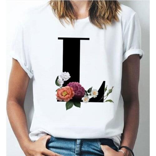 26 alphabet letter women T-shirt Girl A To Z Alphabet combination flowers Short Sleeve casual Korean Style Tops,Drop Ship