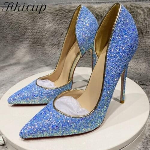 Tikicup Women Glitter Sequined Pointy Toe D'Orsay High Heels Sparkle Wedding Party Shoes Ladies Stiletto Pumps Light Blue Purple