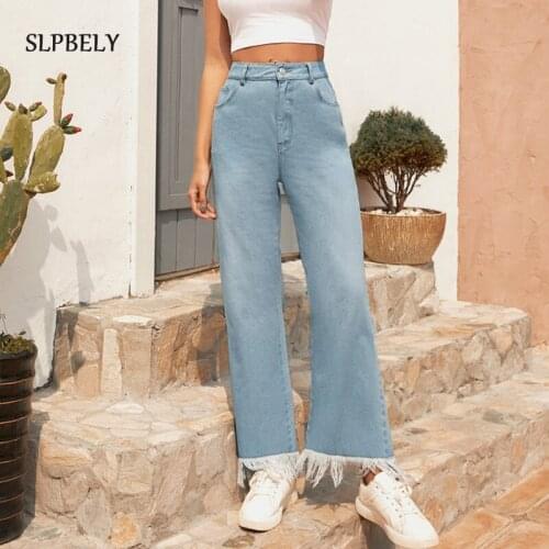 SLPBELY Flare Jeans Pants Summer Vintage Blue High Waist Denim Pants For Women Fashion Pocket Trousers Straight Jean Femme 2021