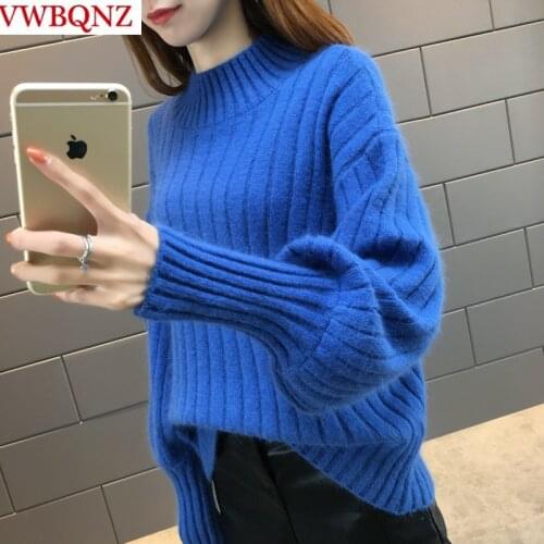 Women Warm Knitwear Sweaters Korean Clothing Autumn Winter Loose Lanterns sleeves Solid Sweater Plus size Casual Ladies Pullover