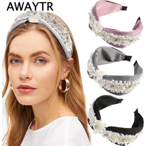 AWAYTR Retro Wide Hairbands For Women Solid Color Headband Bezel Hair Hoop Fashion New Pearl Hair Band Hair Accessories