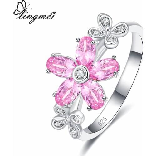 Lingmei Exquisite Flower Ring for Women RedPinkWhite Zircon Silver Color Fashion Ring Size 6-9 Anniversary Bride