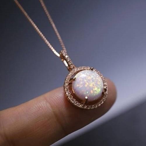 Fashion Women Pendant Round White Fire Opal Necklace For Lady Jewelry Chain On The Neck Girl Christmas Gift Accessories