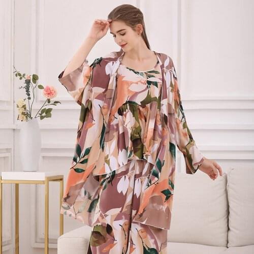 3 Pcs Women Pajamas Set Viscose Floral Printed Female Pyjama Loose Elegant Fresh Leave Nightwear Spring Summer Robe Pijama Mujer