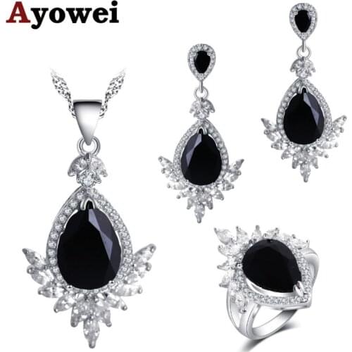Ayowei Crown Shape Water Drop Design 925 Silver Black Zircon For girl Earrings pendant Necklace Rings Jewelry Sets JS772A