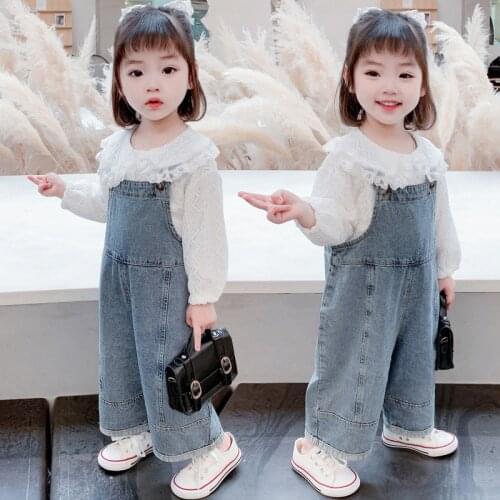 Baby girls outfit New Girls Fashion 2 Pieces Suit Long sleeve Lace shirt +denim overalls jeans Kids Clothes infant Girl Suit
