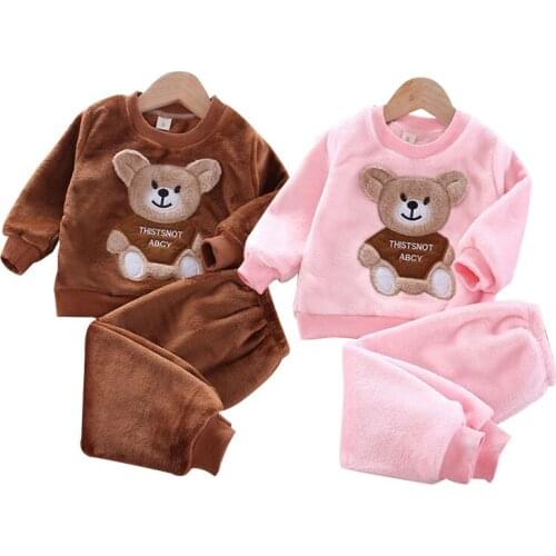 Children Autumn Winter Plus Velvet Suit Baby Boy Long Sleeve + Pants Infant Girl Cute Cartoon Bear Outfit Kid Casual Clothes Set