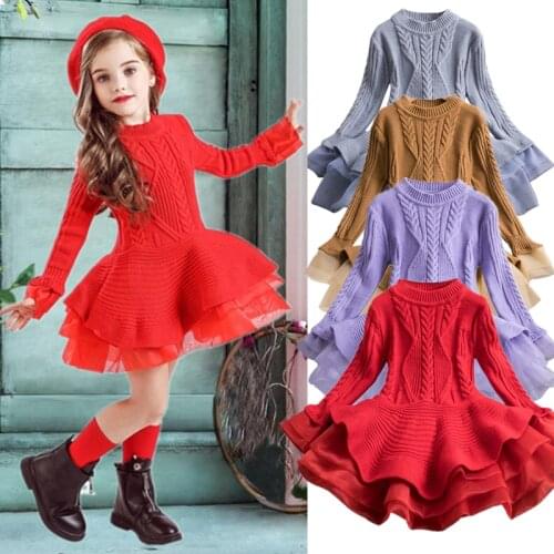 Kids Knitted Dresses For Girls Princess Tutu Long Sleeve Red Christmas Costume Children Thick Sweater Autumn Winter Clothes