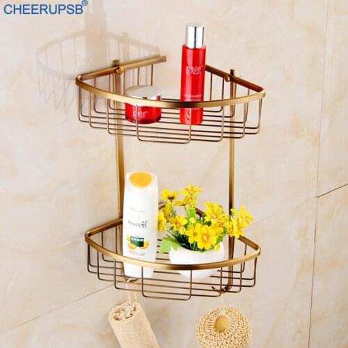Double Layers Bathroom Shelf Vintage Wall Shelves Triangle Corner Shelfs Bath Shower Storage Basket Bursh Copper Mensole Gold