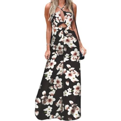 Female Cross Sling Jumpsuits Halter Women Jumpsuit Soft Wide Leg Hollow Out Print Beach Romper Streetwear Vacation XXL