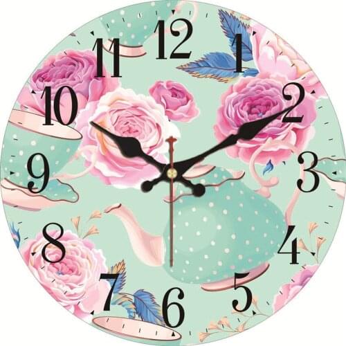 Italian Style Round Wall Clock Colorful Flora Flower Design Romantic Tea Time Wall Dec Wooden Wall Clock