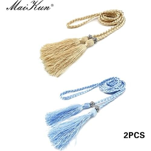 MaiKun 2PCS Thin Belts for Women Braided Tassels Cummerbund for Dress Ladys Self-tied Waistband
