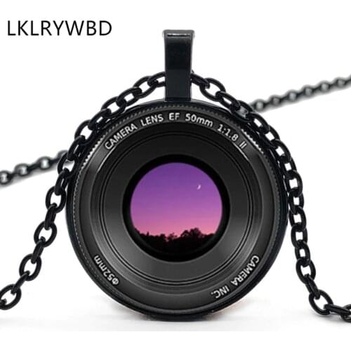 Fashion SLR Camera Lens Camera Lens Necklace Three-color Metal Necklace Round Glass Pendant Handmade Necklace Jewelry