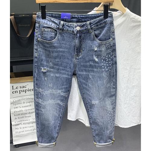 Fashion 2021 harem Pants Mens Trendy Brand Cashew Flower Ripped Jeans Mens Slim Pants Spring Thin pencil jeans