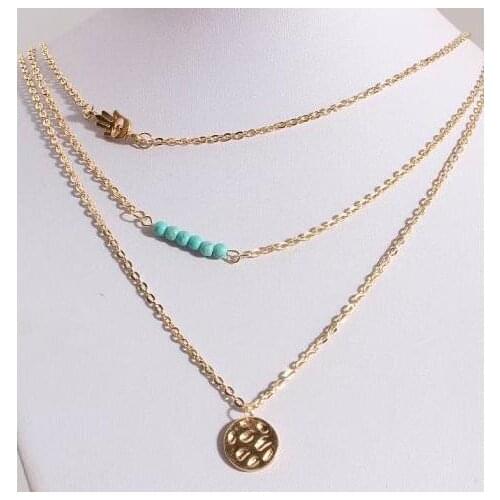 Na437 Fashion Vintage multi-layer alloy hand palm string beads Geometric Wafer Pendant necklace female clavicle necklace Jewelry