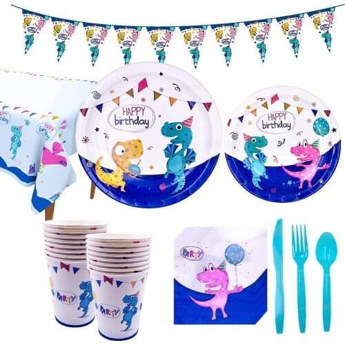 Dinosaur Theme Party Tableware Set Disposable Paper Plate Cup Tablecloth Cake Topper Happy Birthday Party Supplies For Boy Girl