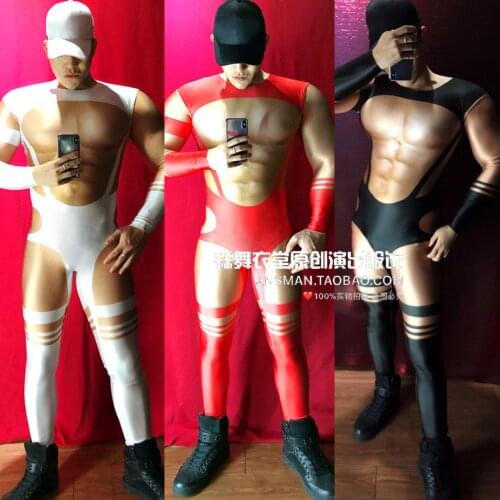 New Bar Nightclub Male Singer Onesies Ds Personality 3d Fake Muscle Abdominal Muscles Jumpsuit Hollow Sexy Men Party Costumes