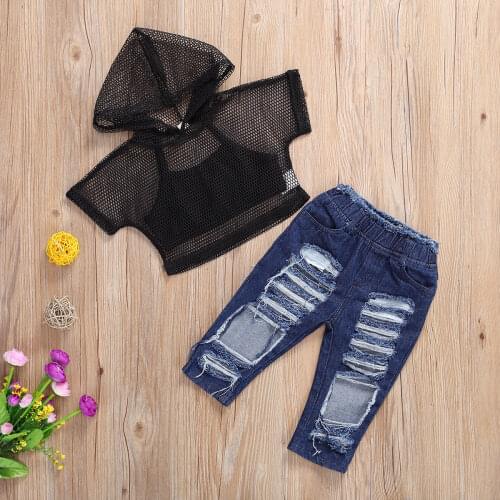 1-6Y Fashion Kids Girls Clothes Sets 3pcs Mesh Short Sleeve T Shirts+Solid Vest+Blue Hole Denim Pants