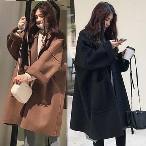 Autumn Winter Women Long Style Brown Black Coats Fashion Female Woolen Thin Outwear Casual Solid Loose Oversize Coats Plus Size