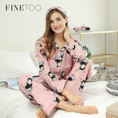 FINETOO Lovely Rabbit Pajamas Set 2020 Women Spring Summer Cotton Homewear Cartoon Pajamas Full Pants Plus Size Female Sleepwear