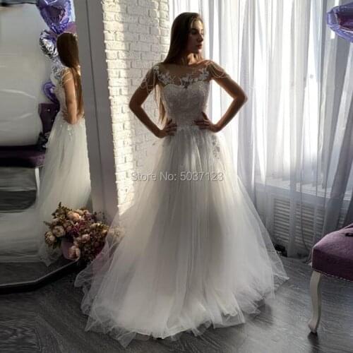 Sexy Jewel Neckline A Line Wedding Dresses 2020 for Bride Chic Appliques Lace Cap Sleeves Princess Beaded Vestidos De Novia