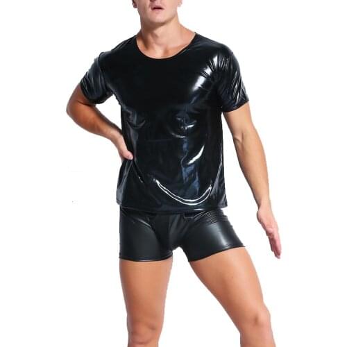 Sexy Mens Fun Patent Leather Black T-Shirt Tops Tees Men Wet Look Fetish Latex DS Nightclub Catsuit Exotic T Shirts