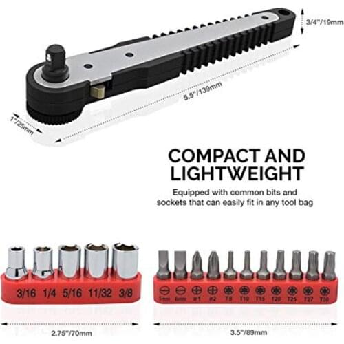 Right Angle 1/4 Inch Dual-Drive Head Mini Ratchet Wrench Screwdriver Bit and Socket 17-Piece Set CR-V Steel