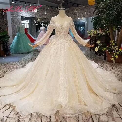 AnXin SH Luxury princess flower white lace beading crystal o neck sparkly long sleeve big bow wedding dress 100% real photo